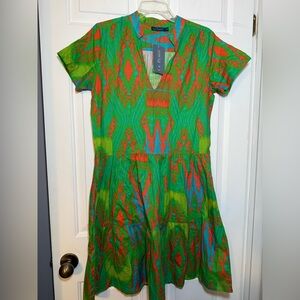 La Plage Alison Dress SMALL Ikat Print Green Orange NWT Drop Waist V Neck